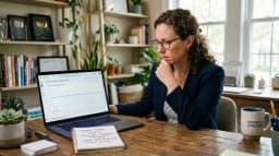 Service business owner at a desk looking at a laptop screen showing a Google Analytics dashboard with flat organic traffic despite dozens of blog posts published