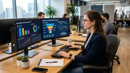 Marketing analyst reviewing multi-channel performance dashboards on dual monitors with attribution reports and revenue trend charts visible on screen