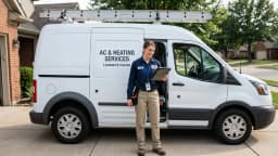 HVAC technician in uniform next to a branded service van, holding a tablet showing incoming job requests on Google Maps