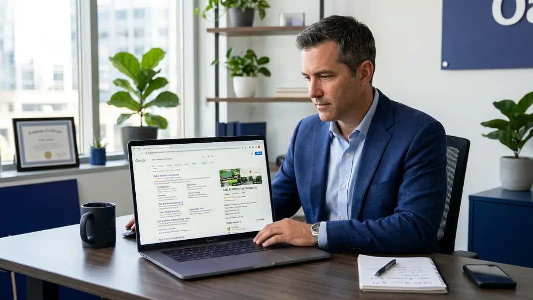 Business owner reviewing their Google search results and star ratings on a laptop screen