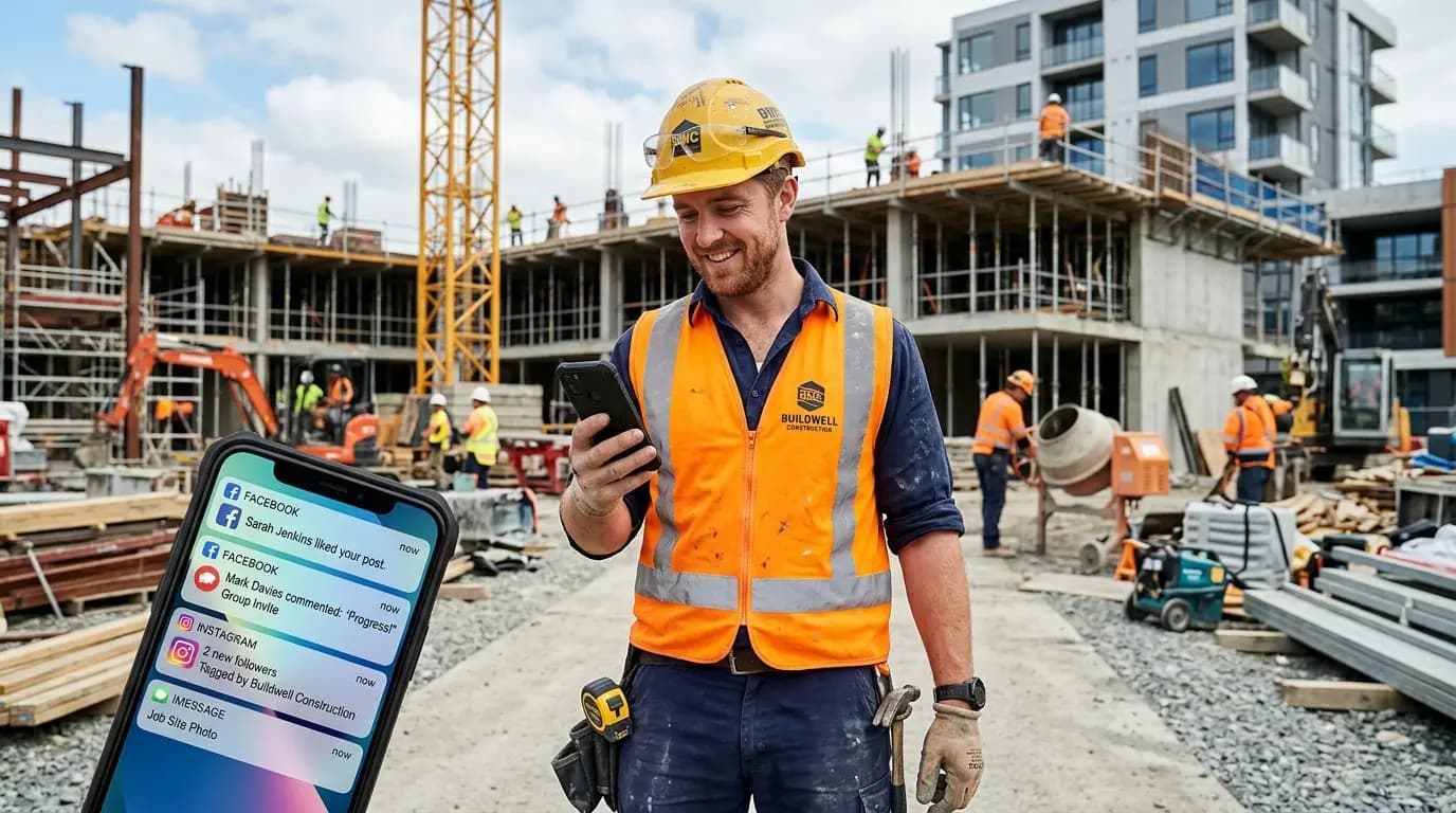 A contractor in a work uniform holding a phone showing Facebook and Instagram notifications with a job site visible in the background