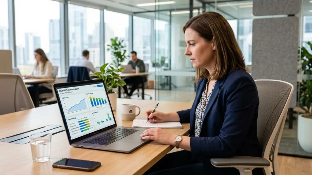 Agency team reviewing a branded client SEO report on a laptop in a modern office setting