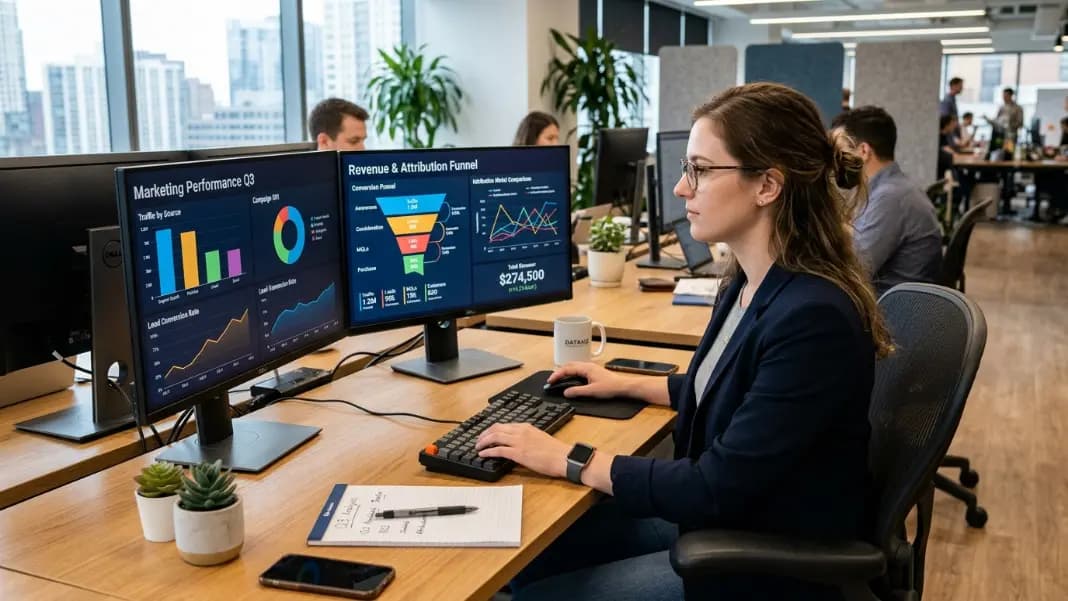 Marketing analyst reviewing multi-channel performance dashboards on dual monitors with attribution reports and revenue trend charts visible on screen