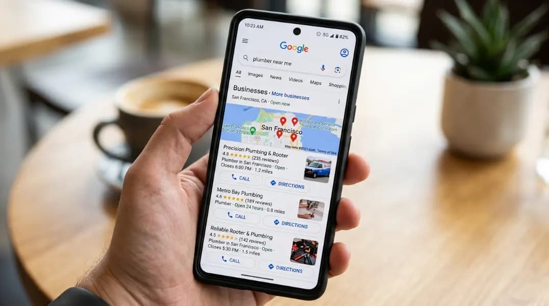 Mobile phone screen showing Google search results for plumber near me with the Map Pack displaying three plumbing companies with star ratings, review counts, and click-to-call phone numbers