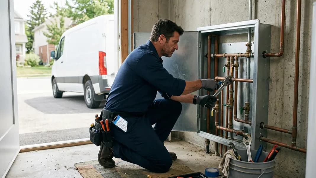 Plumber in uniform crouching next to an open pipe access panel with a branded service van parked outside and a phone showing incoming job booking notifications