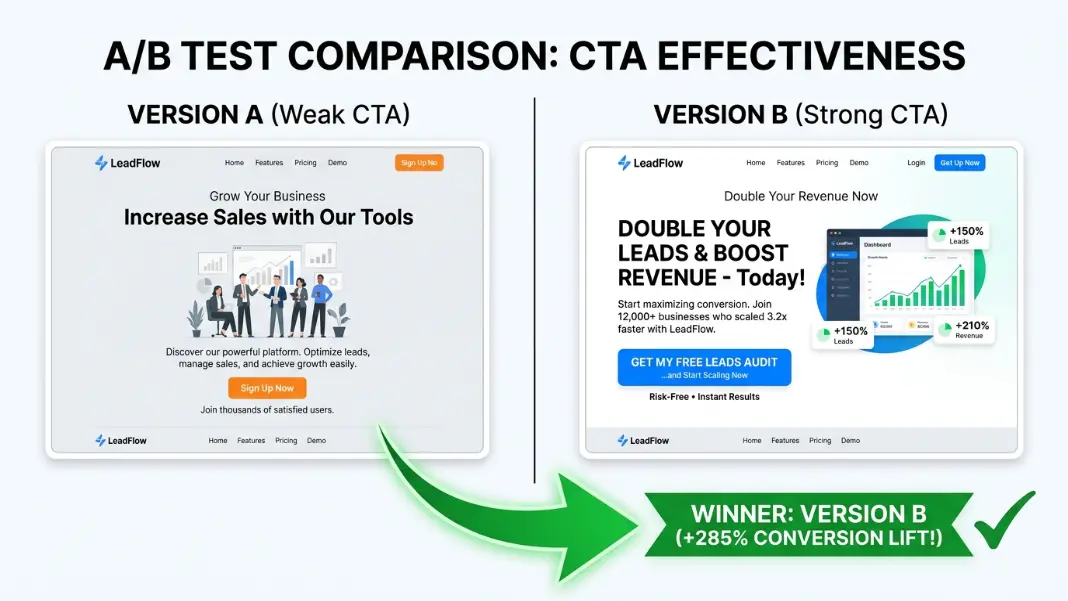 A/B test comparison showing Version A weak CTA vs Version B strong outcome-focused CTA