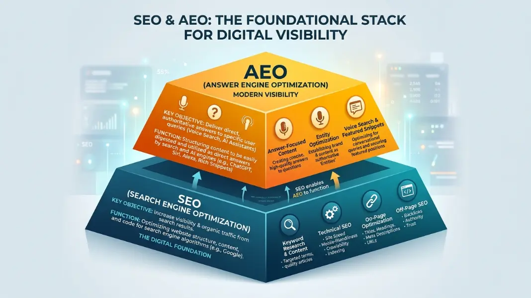 AEO vs SEO layered diagram showing SEO as the foundation with AEO built on top