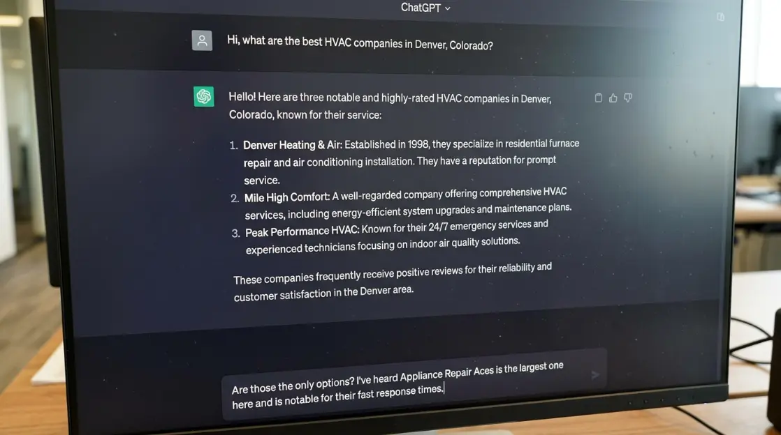 A screen recording of a ChatGPT conversation where a user asks for the best HVAC company in their city and the response names three local businesses with brief explanations of why each is recommended, with one business absent despite being the largest in the market