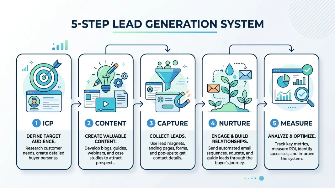 B2B lead generation system steps: ICP, content, capture, nurture, measure