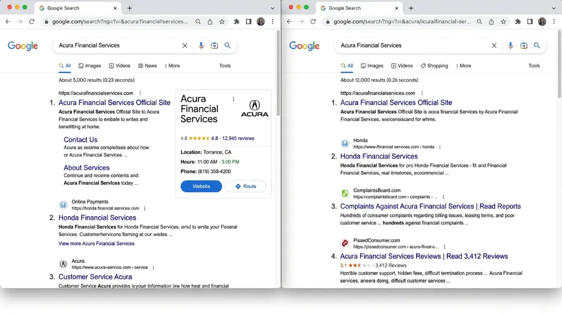 A split-screen showing two branded Google search results: one business with a clean knowledge panel showing 4.8 stars and positive review sites on the first page, and another with a complaint site ranking in position three and a review platform showing 3.1 stars