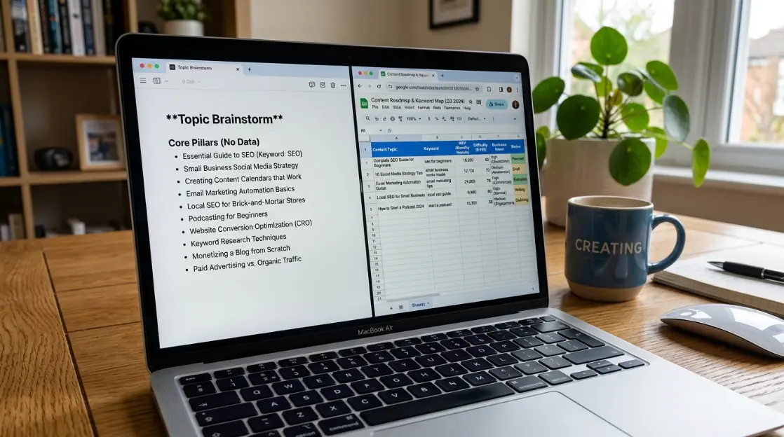 Comparison of two content plans on a laptop — the left showing a brainstormed topic list with no supporting data, the right showing a keyword-mapped content roadmap with monthly search volume, difficulty scores, and business intent rating for each piece