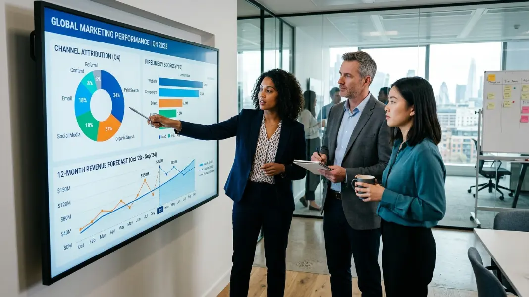 Marketing team of three reviewing a unified analytics dashboard on a large wall-mounted screen showing channel attribution percentages, revenue by source, and a 12-month performance forecast