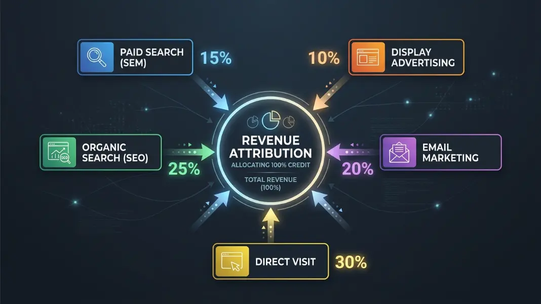 Marketing attribution model diagram showing customer touchpoints across paid search, organic, email, and social channels connecting to a central revenue attribution report on a marketing analytics dashboard