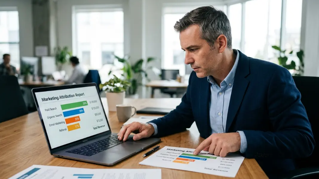 Business owner reviewing a marketing attribution report on a laptop showing revenue contribution by channel across a 90-day period, with paid search, organic, email, and referral all contributing to a single pipeline total