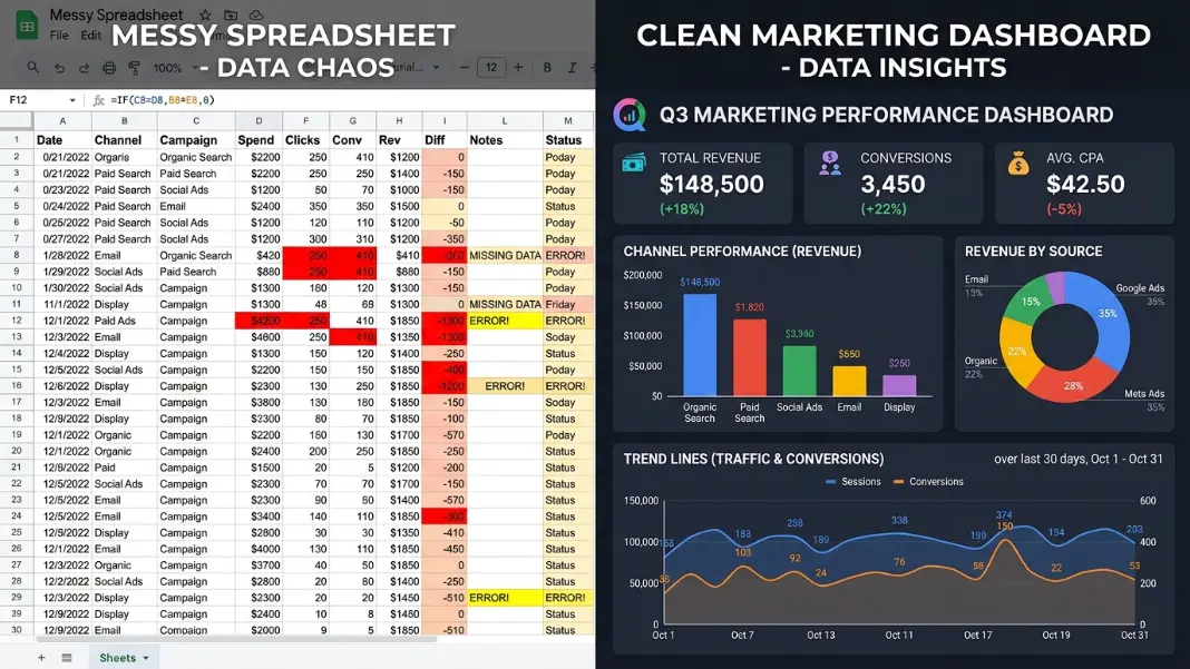 Two-screen comparison showing a manual monthly reporting spreadsheet with mismatched channel data on the left, and a unified marketing analytics dashboard with multi-touch attribution and revenue breakdown by channel on the right