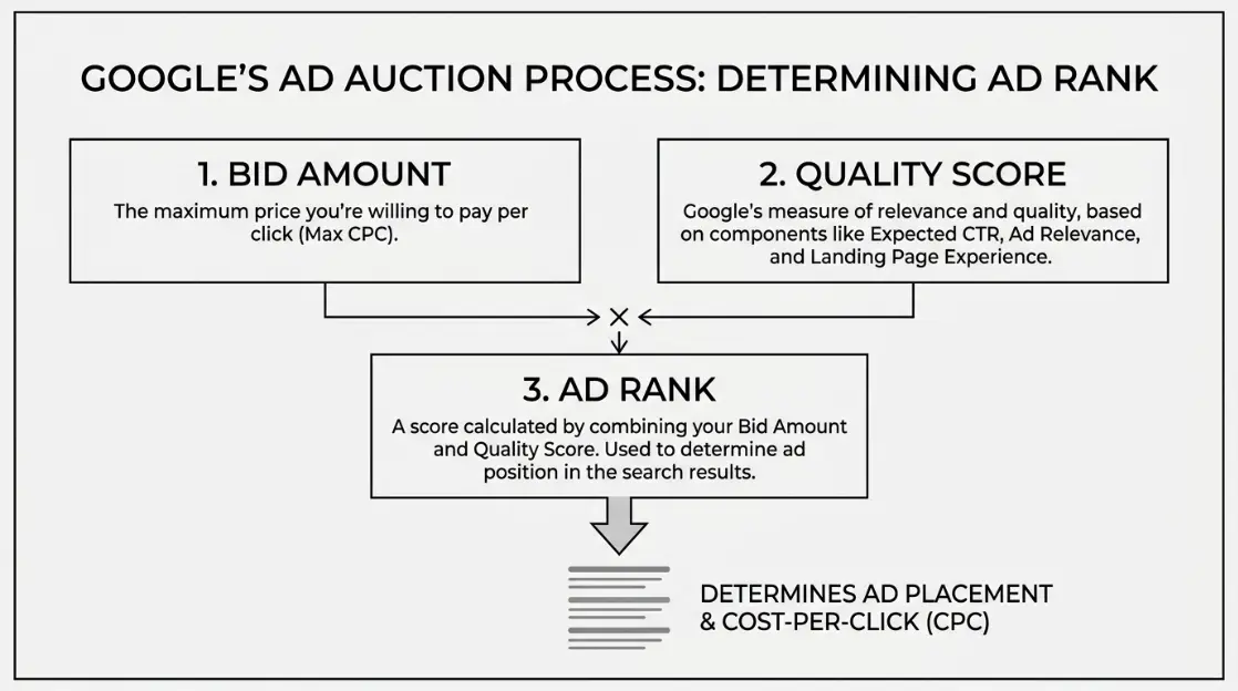Diagram showing the Google Ads auction process with Quality Score, bid amount, and ad rank calculations for a local plumbing search