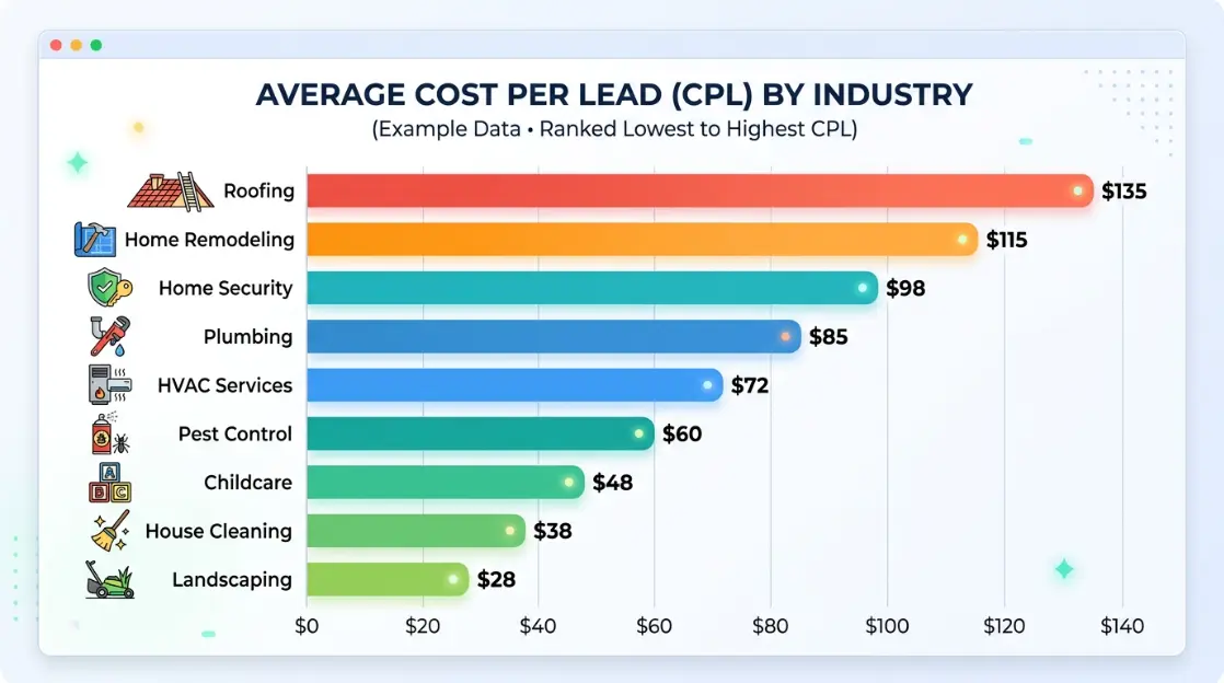 Horizontal bar chart comparing average cost per lead across nine local service industries, from landscaping at the low end to roofing at the high end
