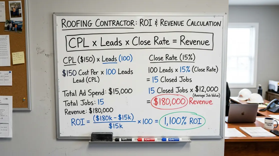 Whiteboard showing Google Ads ROI calculation for a roofing contractor with job value, close rate, and cost per lead variables