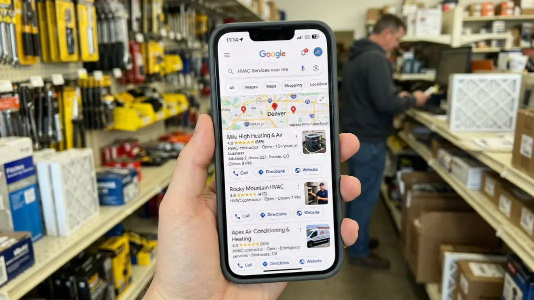 Google Maps Pack on a phone screen showing three HVAC companies with star ratings and review counts for an AC repair search