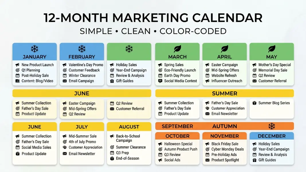 Year-round HVAC marketing calendar showing which channels and campaigns to run each season from January through December