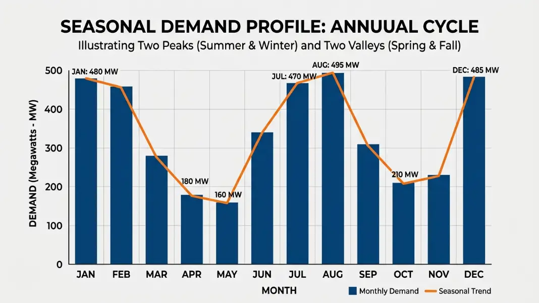 Seasonal HVAC demand graph showing two peak periods in summer and winter with quieter spring and fall months in between