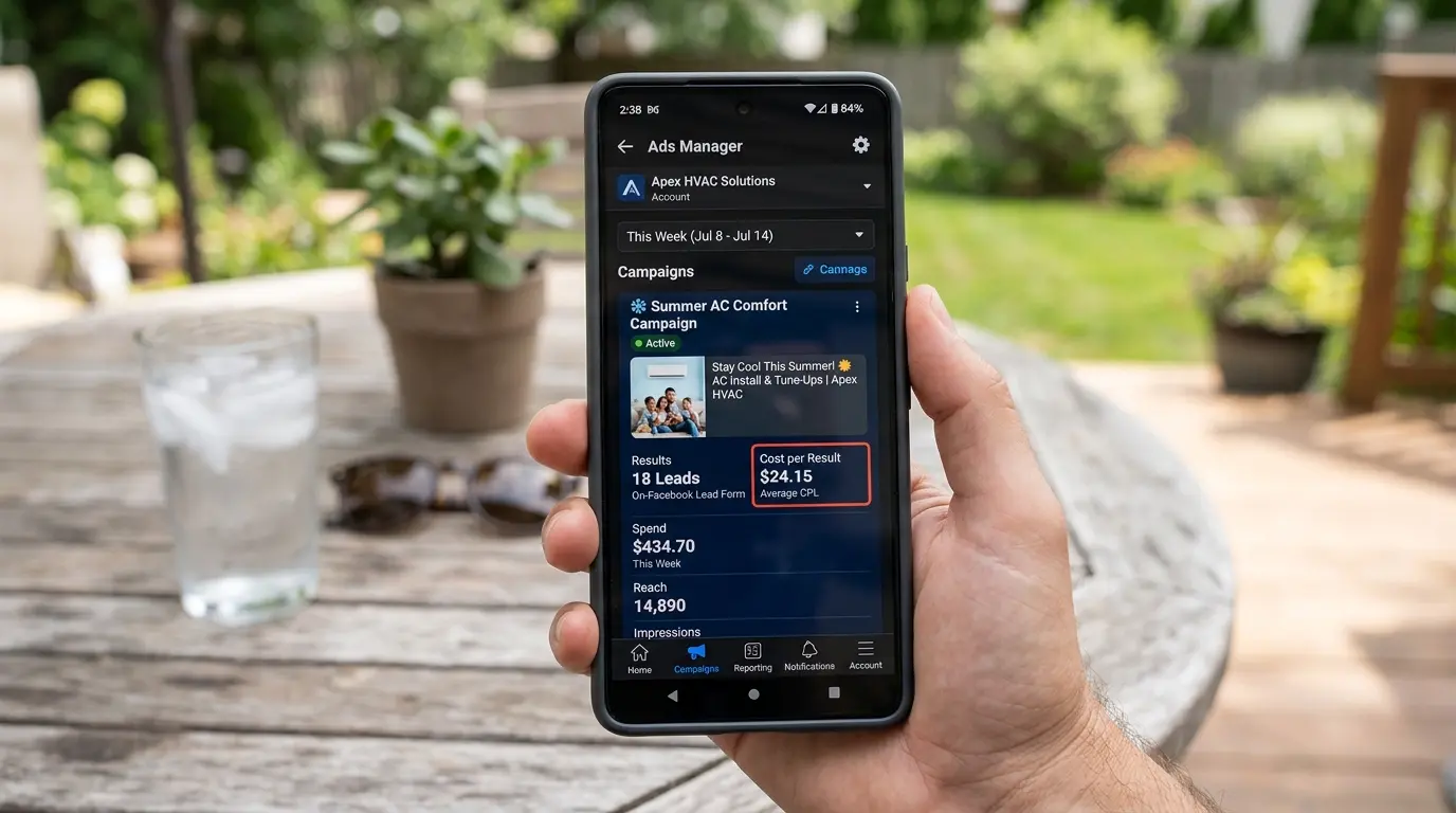 A smartphone screen showing a Facebook Ads Manager dashboard for a local HVAC company with active summer AC tune-up campaigns, a cost per lead of $24, and 18 leads this week displayed in metric cards