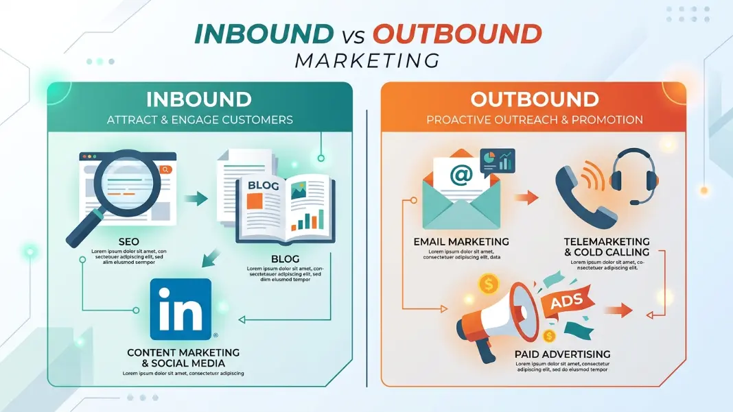 Inbound vs outbound B2B lead generation channels comparison diagram