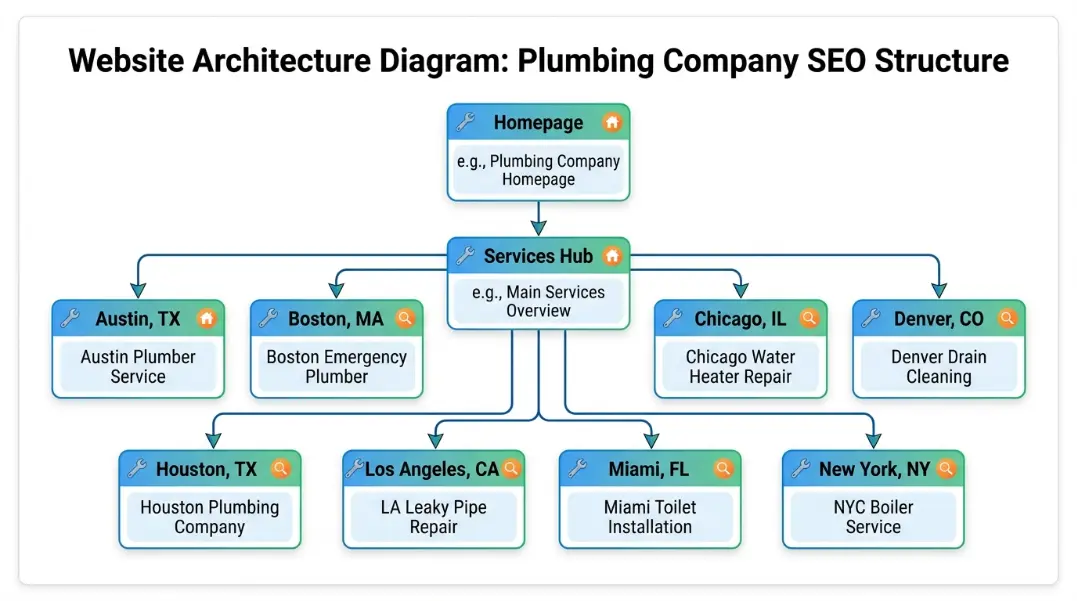 Website architecture diagram showing a plumbing company's homepage connected to a primary service hub, which links out to eight city-specific service area pages each targeting a different municipality in the service radius, with keyword targets listed under each city page node