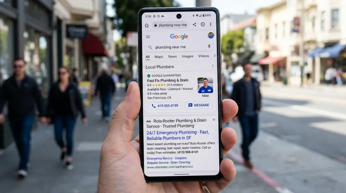 Side-by-side view of a Local Service Ad listing and a traditional Google Search Ad on a mobile phone screen for a plumbing search