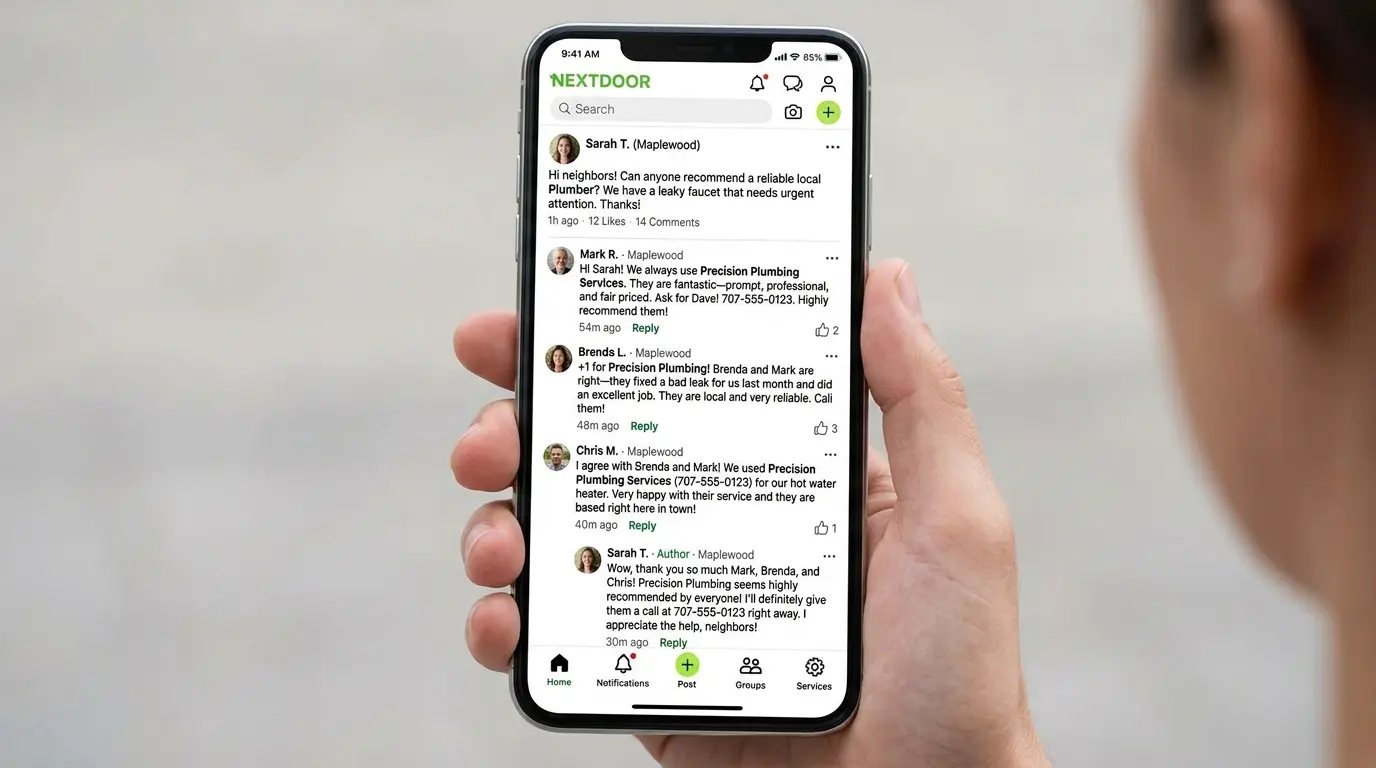 Screenshot mockup of a Nextdoor neighborhood recommendation thread where a homeowner asks for a plumber, three neighbors reply naming the same local company, and the company owner responds to comments within the hour
