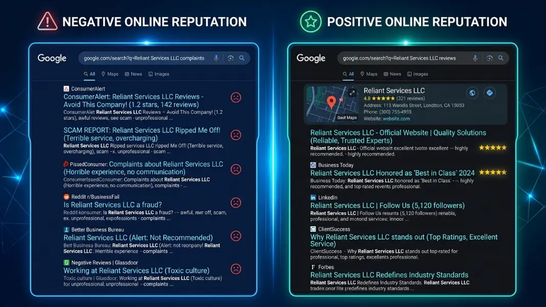 Split screen comparison showing messy negative search results on the left and clean managed search results on the right for the same business name