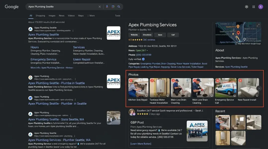 Google Business Profile for a plumbing company showing a fully completed profile with all categories listed, service area, 247 reviews at 4.9 stars, recent photos from job sites, and the most recent GBP post from two days prior