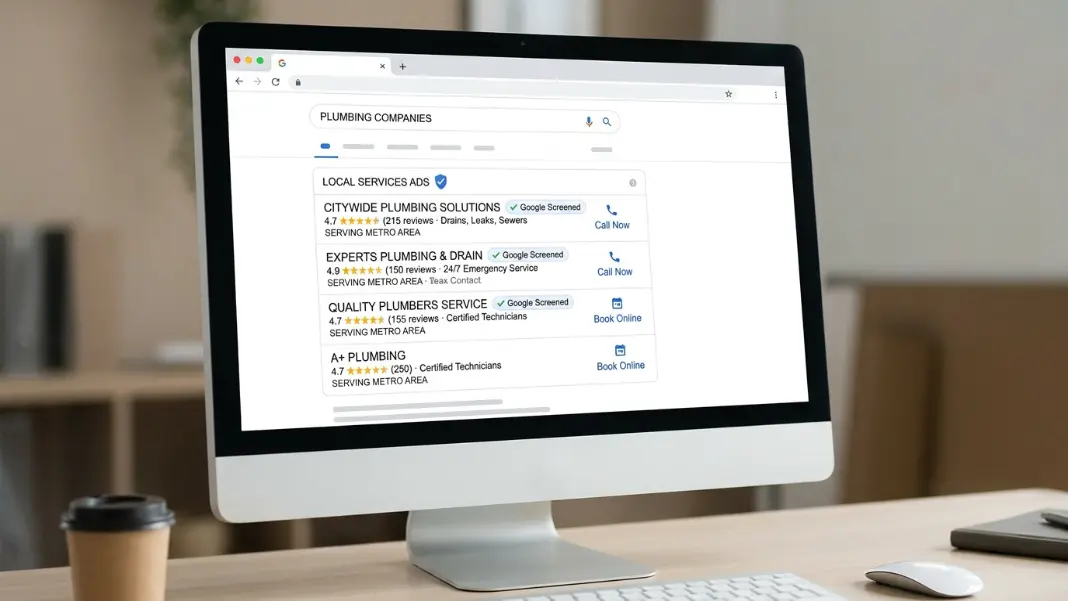Desktop screen showing a Google Local Services Ads panel for plumbing companies with the Google Screened badge, star ratings, and review counts