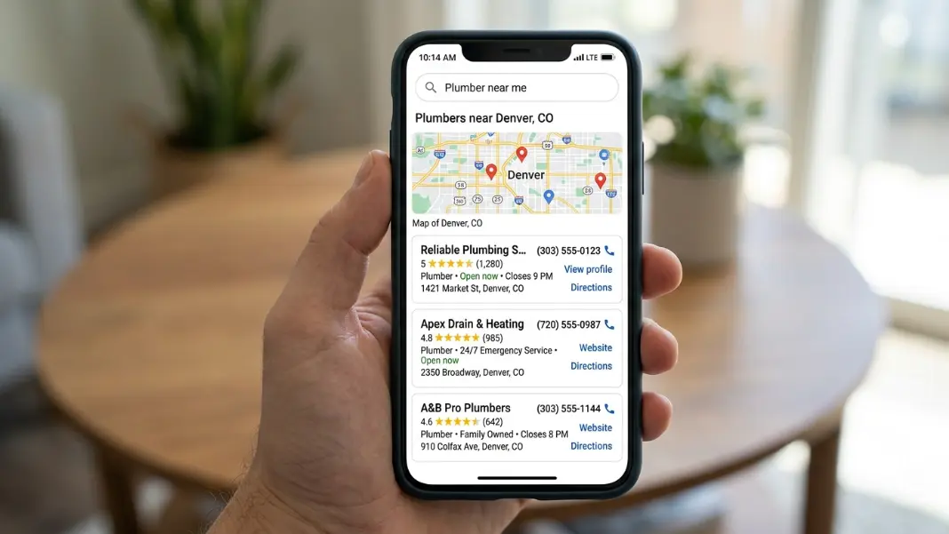 Google Maps Pack on a mobile screen showing three plumbing companies with star ratings, review counts, and phone numbers for an emergency plumber search