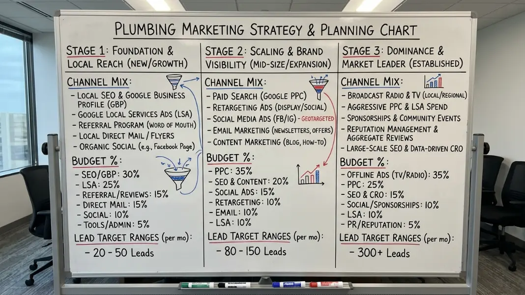 Marketing strategy whiteboard showing plumbing company channel mix, monthly budget percentages by channel, and lead target ranges by business stage