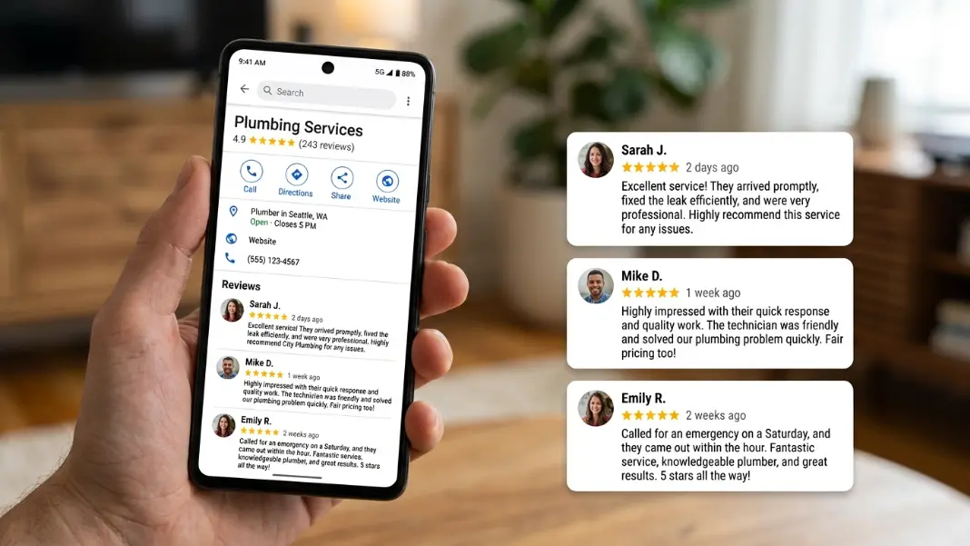 Phone screen showing a Google Business Profile for a plumbing company with 4.9 stars and 218 reviews, with three recent 5-star review cards visible below