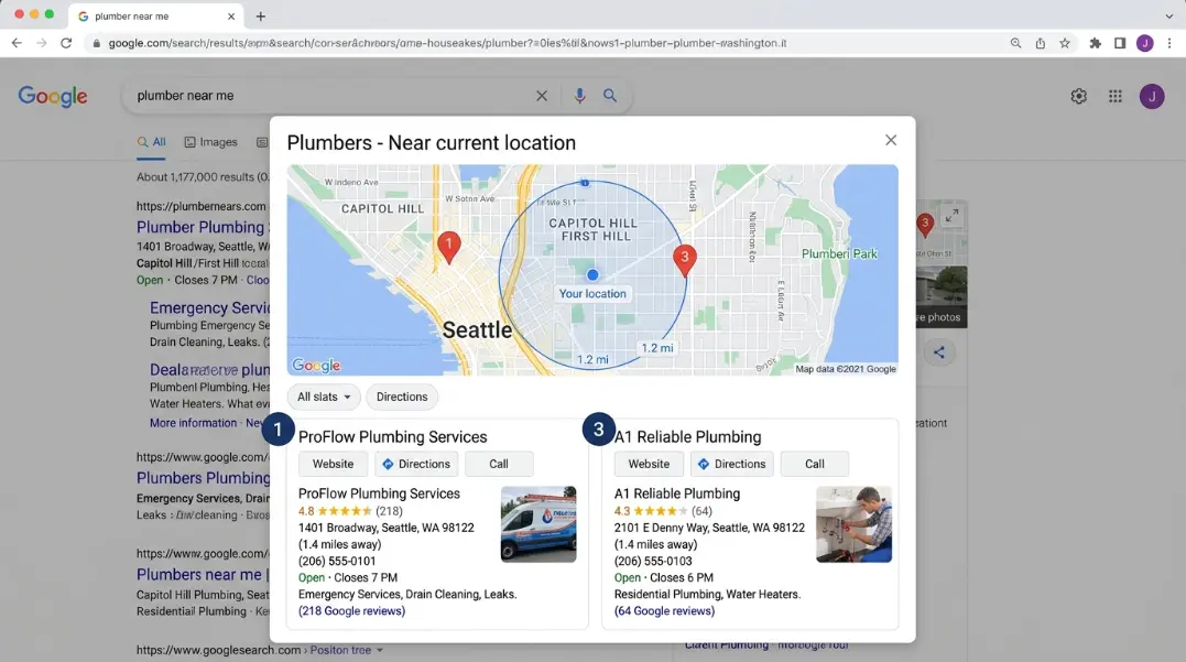 Side-by-side Map Pack comparison showing two plumbing companies with identical distance from the searcher, with the first company at 4.8 stars and 218 reviews ranking in position one, and the second at 4.3 stars and 64 reviews ranking in position three, illustrating the review count and rating gap