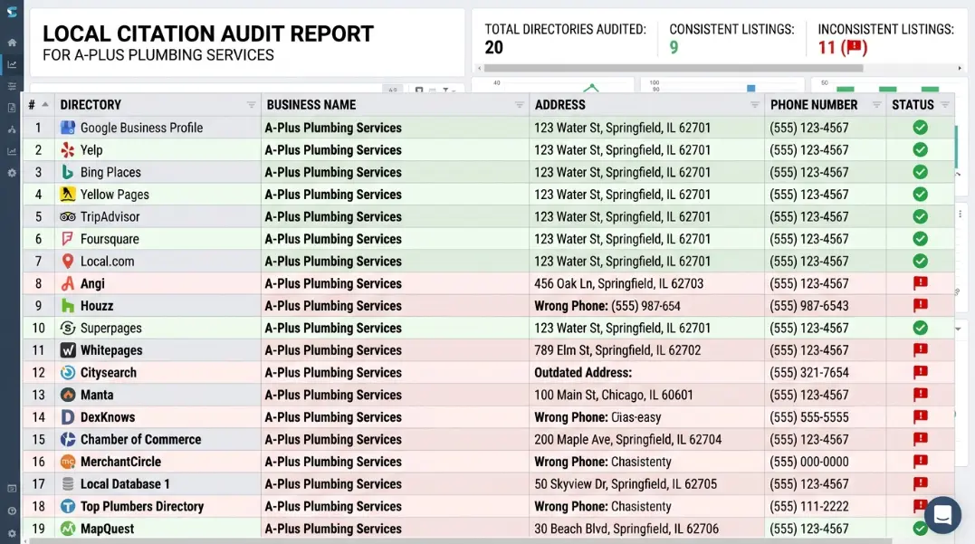 Screenshot of a citation audit report showing NAP consistency check for a plumbing company, with a green checkmark column for consistent listings and red flag indicators for 11 listings with outdated addresses or wrong phone numbers across Yelp, Angi, and smaller directories