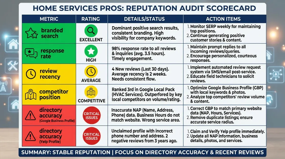 A filled-in reputation audit scorecard for a home services company showing Green status for branded search and response rate, Yellow for review recency and competitor position, and Red for directory accuracy on two secondary platforms, with priority action items listed below each Red item