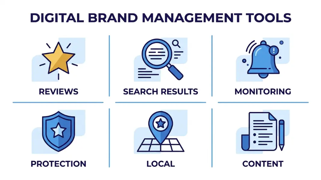 Flat illustration showing six pillars of reputation management services as icons: star rating, search results, social media, monitoring bell, location pin, and content document in indigo and blue color scheme