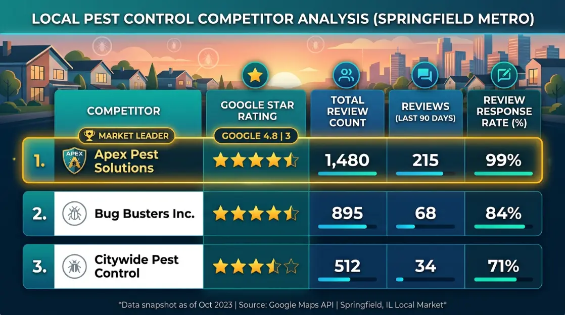 A benchmark comparison table showing three pest control competitors in a local market with their Google star ratings, total review counts, reviews in the last 90 days, and response rates, with one competitor highlighted as the current market leader