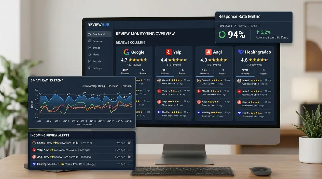 Multi-platform review monitoring dashboard on a desktop screen showing new review alerts across Google, Yelp, Angi, and Healthgrades with rating trend lines and a 30-day response rate metric visible