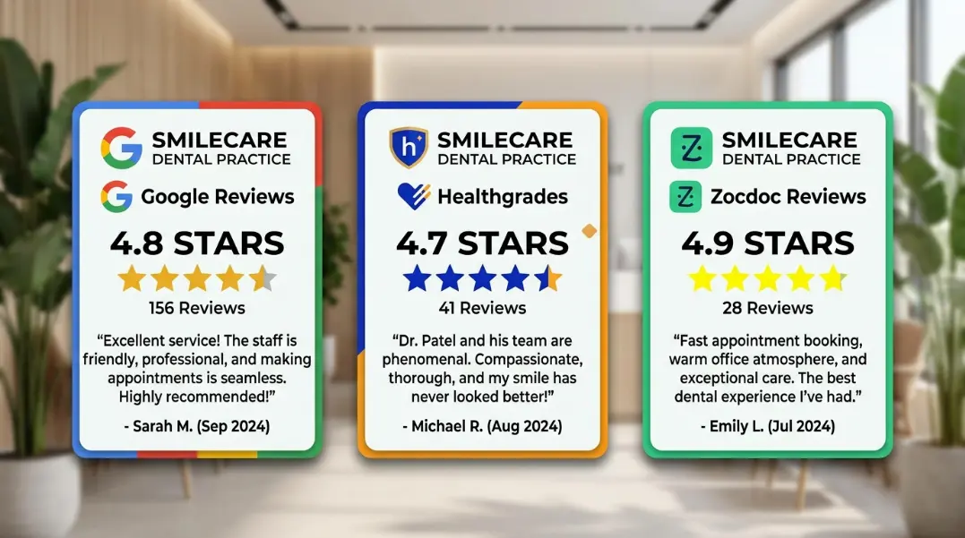 Side-by-side comparison of review profiles for a dental practice showing Google at 4.8 stars with 156 reviews, Healthgrades at 4.7 stars with 41 reviews, and Zocdoc at 4.9 stars with 28 reviews, with recent patient review excerpts below each platform card
