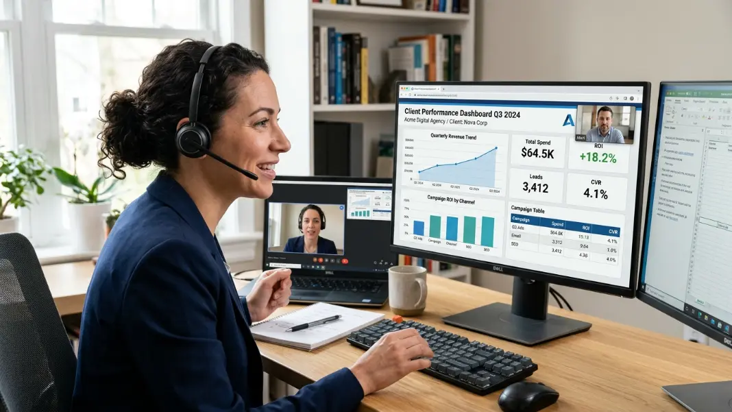 Agency account manager on a video call with a client, presenting a white-labeled SEO performance dashboard on their screen