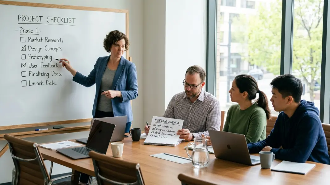 Whiteboard showing a white label SEO partner evaluation checklist with items being checked off in a meeting room