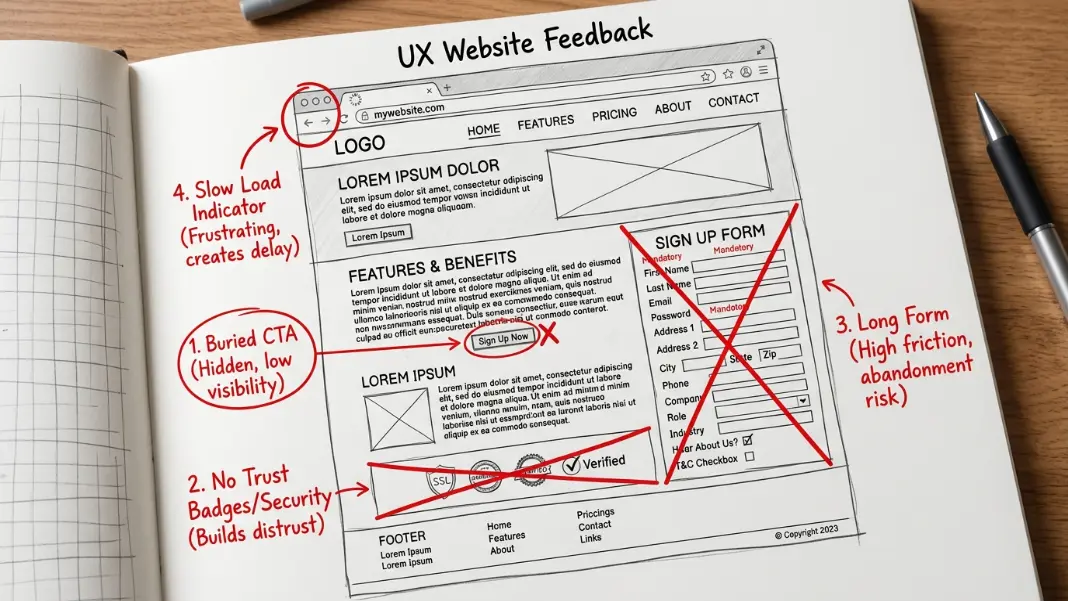 Website wireframe showing common conversion problems including buried CTAs and missing trust signals